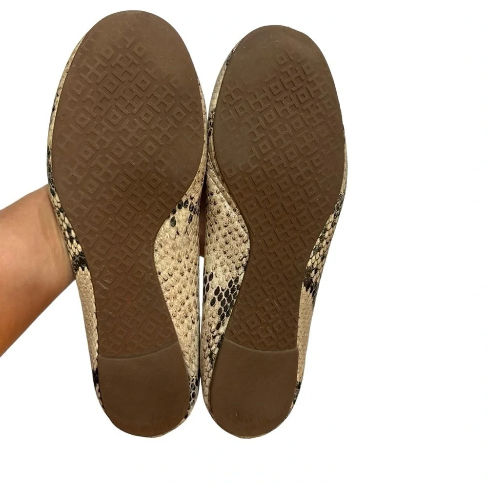 Tory Burch Brown Cream Leather Roccio Python Reva Ballet Flats Goldtone Logo